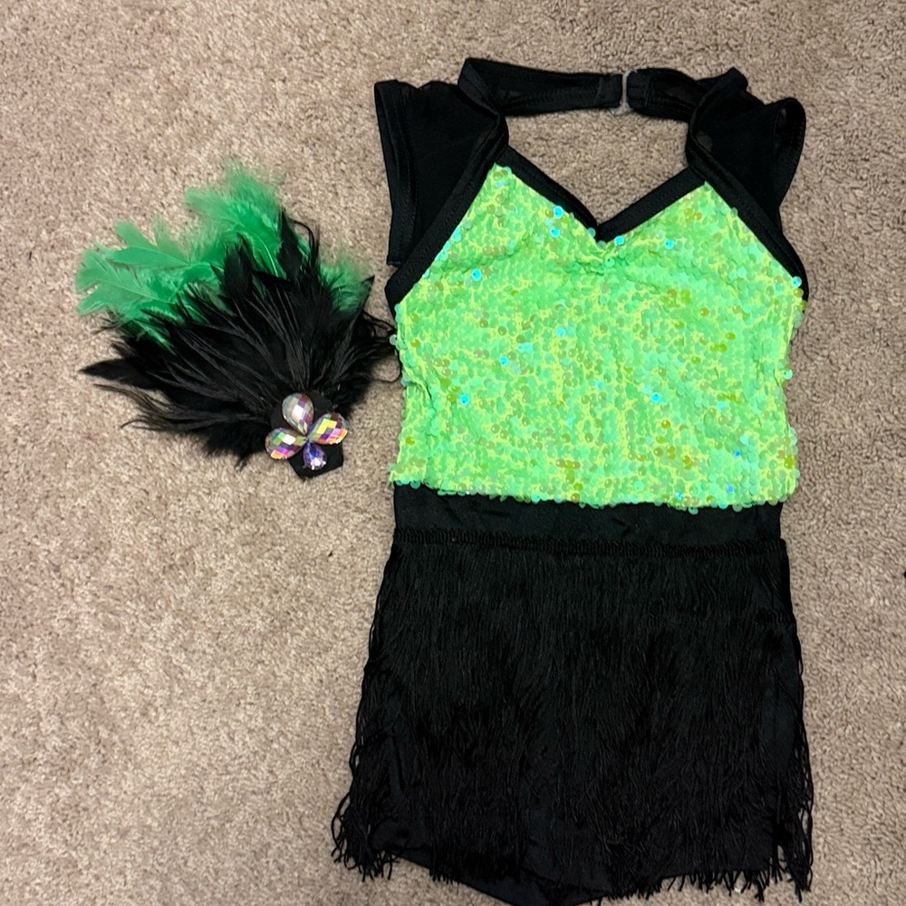 Weissman Lime Sequin and Black Fringe Dance Costume